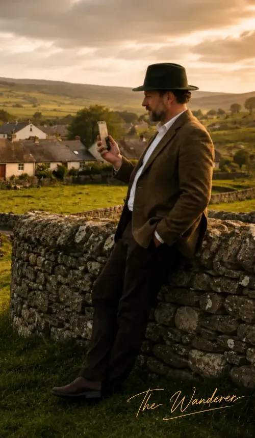 The Wanderer leaning on a stone wall above an Irish village, speaking on the phone