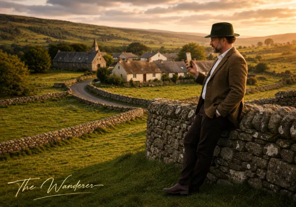 The Wanderer leaning on a stone wall above an Irish village, speaking on the phone